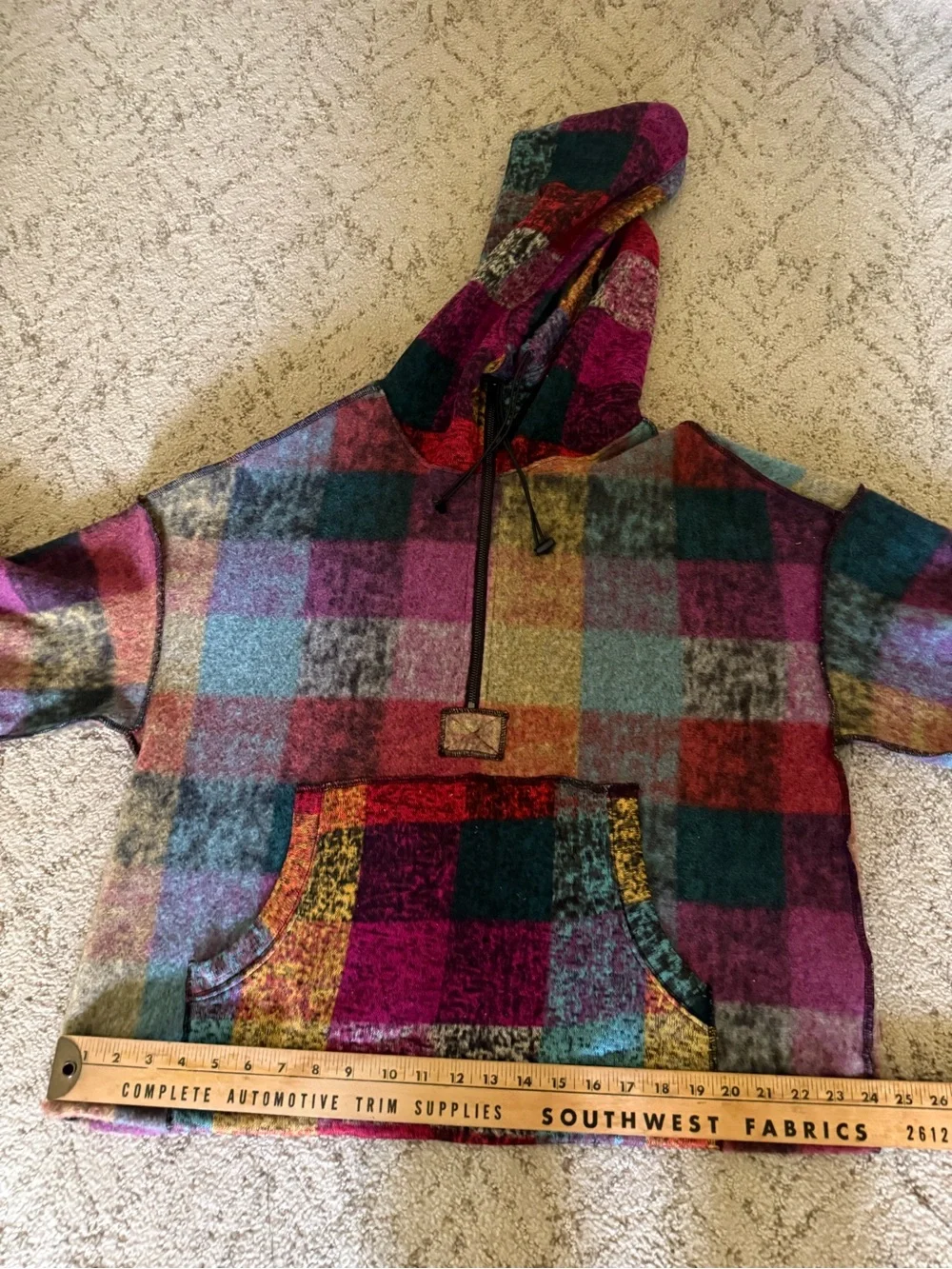 Plaid Multicolor Half-Zip Hoodie Sweatshirt - Pink Teal Mustard - Picture 12 of 15